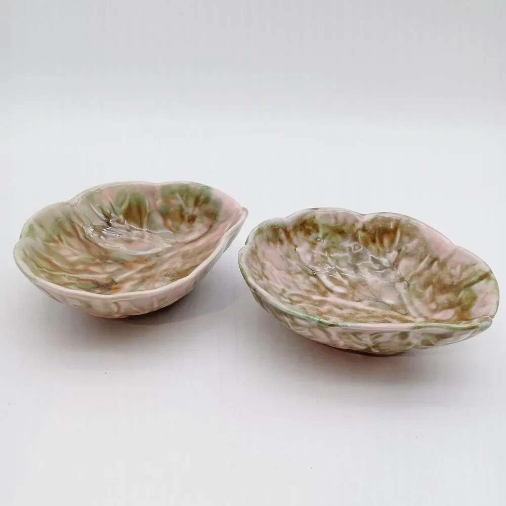 Matching Pair Antique Weller Pottery Zona Leaf Bowls Pink Green Glaze 1920s...